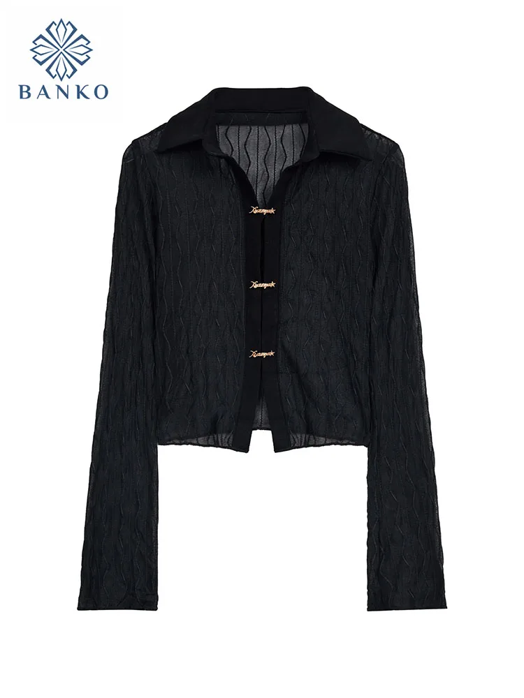 

French Elegance Black Blouses Women Gothic Simple Polo-Neck Overshirt Basic Casual Business Top Formal Occasion 2000s Aesthetic