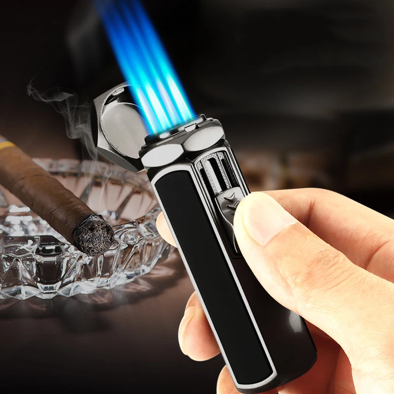 

Metal Outdoor Windproof Butane Gas Lighter Quadruple Flame Large Fire Turbine Torch Portable BBQ Cigar Lighter Gift for Men
