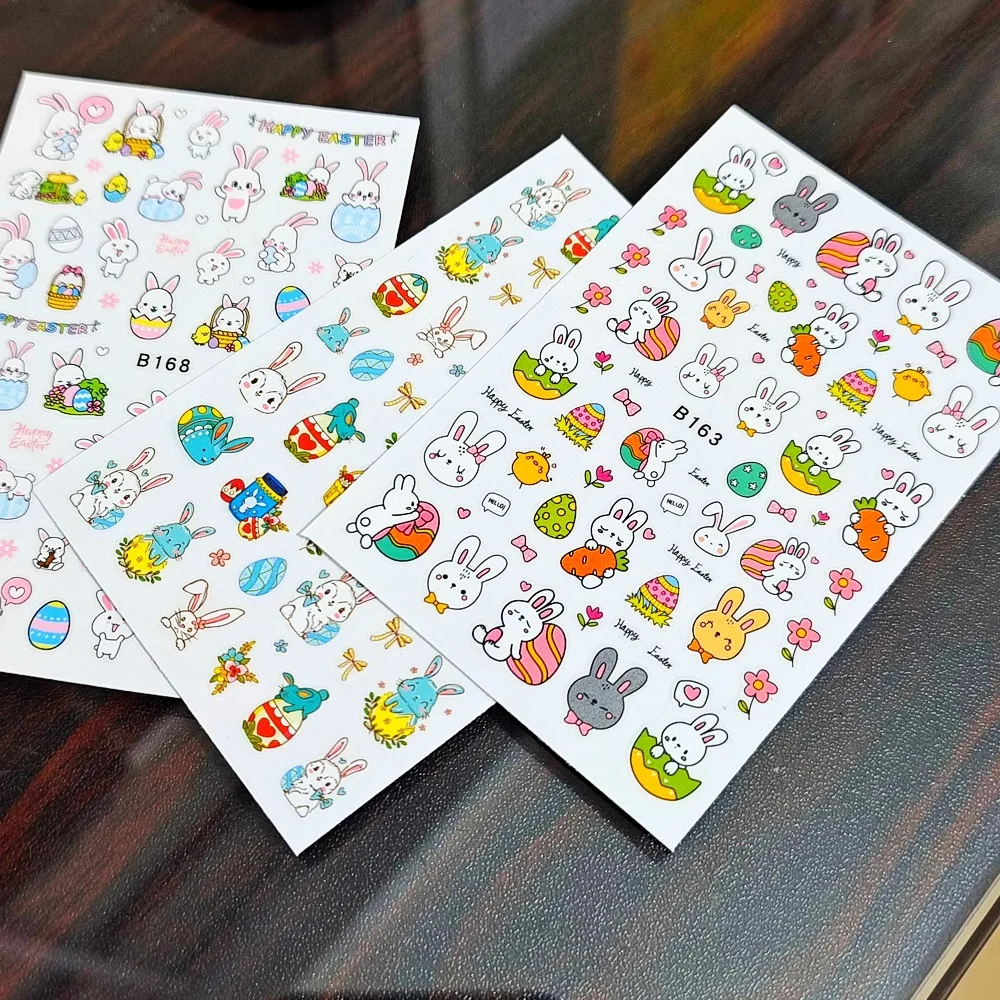 12 Sheets Easter Day Series Beautiful 3D Colorful Eggs Rabbits Adhesive Nail Art Stickers Decals Manicure Ornaments Accessories