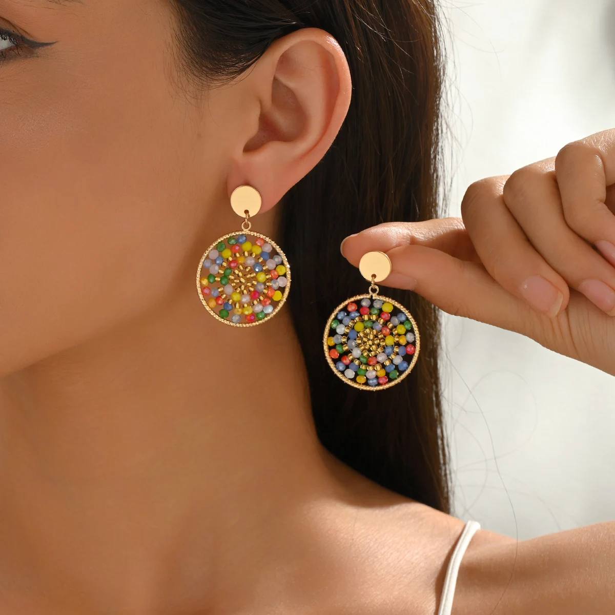 Bohemia Exquisite Colorful Round Crystal Beads Drop Earrings for Women Ethnic Handmade Elegant Metal Earrings Party Jewelry Gift