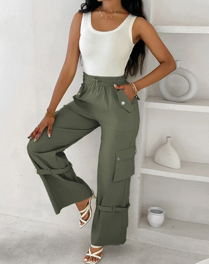 Women's Casual Snap Button Buckled Drawstring Cargo Pants Temperament Commuting Summer New Female Fashion Trousers