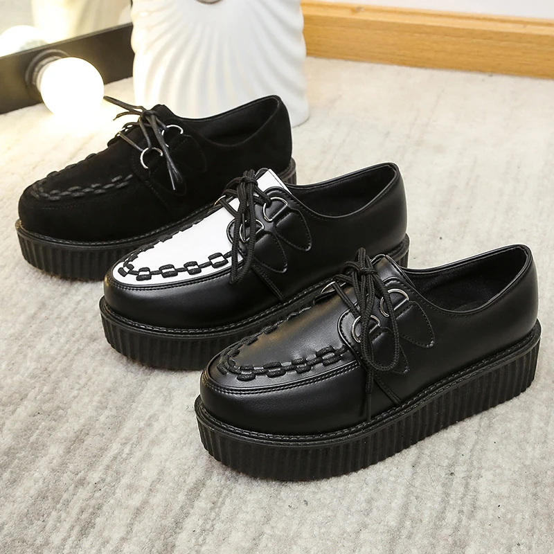 Creepers Shoes Platform Women Shoes Fashion Lace Up Creepers Platform Shoes  Suede Black Ladies Shoes Plus Size 41 Women's Flats - AliExpress