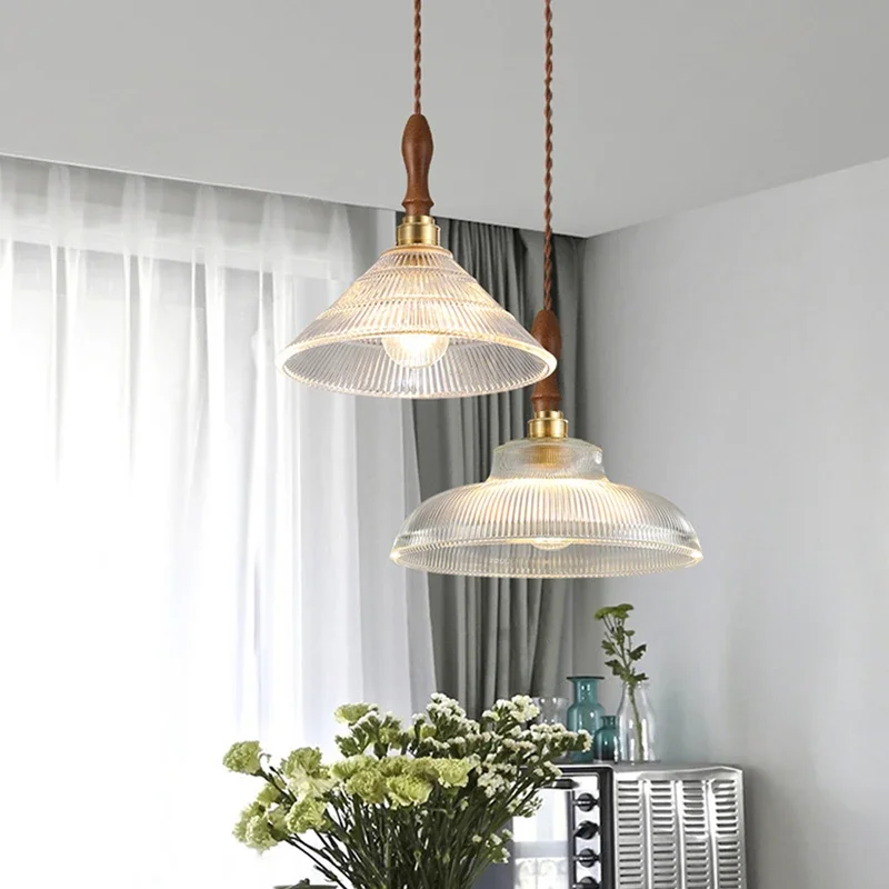 Nordic LED Wooden Pendant Glass American Vintage Fixtures Home Decor Light Bedroom Living Room Restaurant Chandelier Lamp