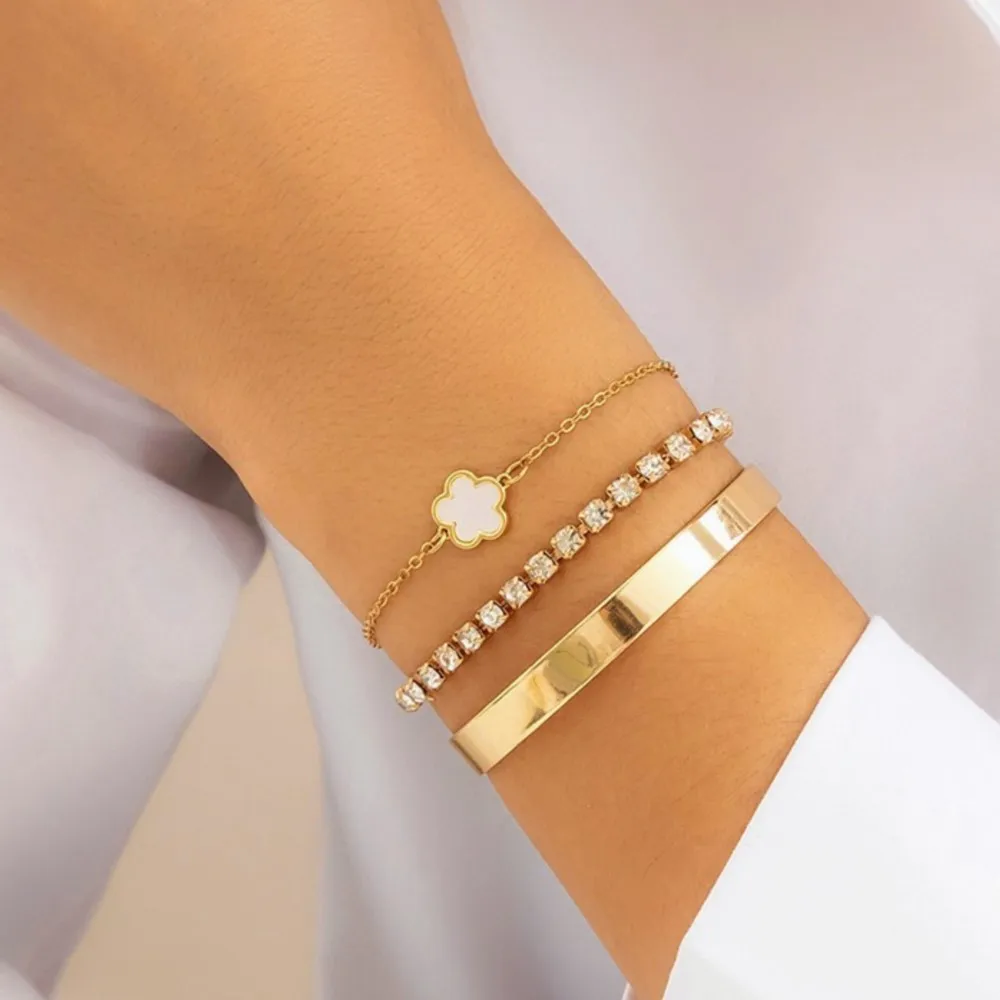 3pcs/Set Fashable Rhinestone Clover Pendant Bracelet Set for Women Golden-Tone Geometric Smooth Bangle Party Jewelry Gifts