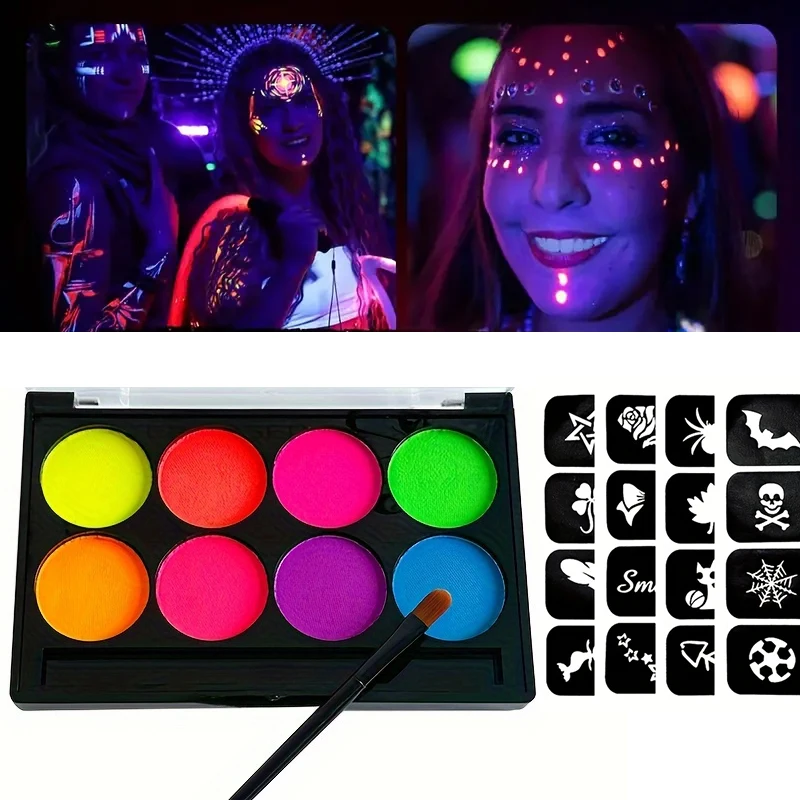 Description Picture 2 of item8 Color Face Paint with Sticker Luminiscent Face Body Painting UV Glow Fluorescent Glowing Halloween Party Fancy Dress Beauty