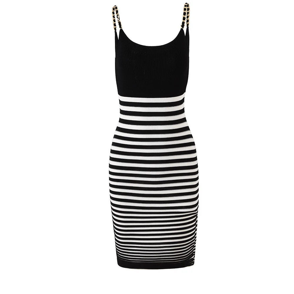 

Summer Little Sexy French High End Strap Knitted Skirt with Striped Metal Strap Light Luxury Laydown Dress