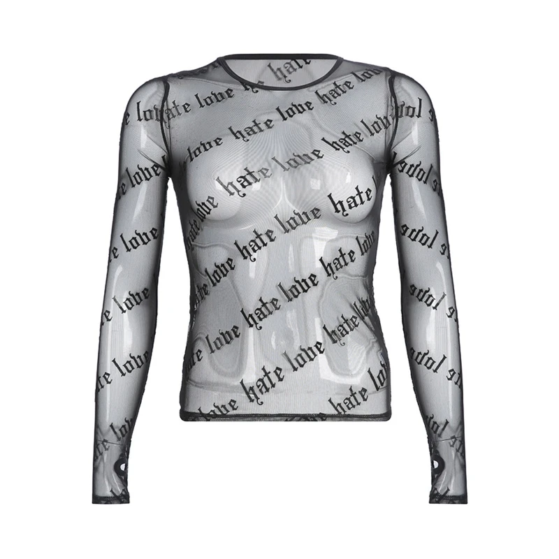 

Sexy Mesh Long Sleeve Thumbhole for T Shirt Women Transparent Club Party Top Dropship