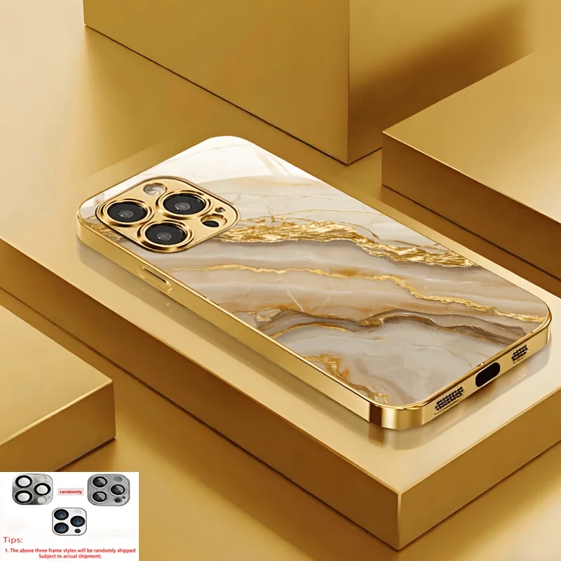 Gold Marble Stone Pattern Metallic Paint Glass Phone Case Cover