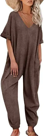 

Women Jumpsuits Overalls V Neck Short Sleeve Solid Color Pencil Pants High Street Autumn Loose Casual Flat Mid Waist 2024