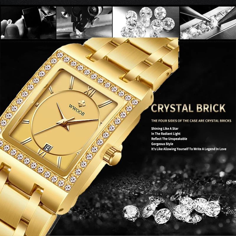 WWOOR New Ladies Watch Gold Diamond Steel Women's Bracelet Watches Square Small Dress Women Watch Relogio Feminino Montre Femme