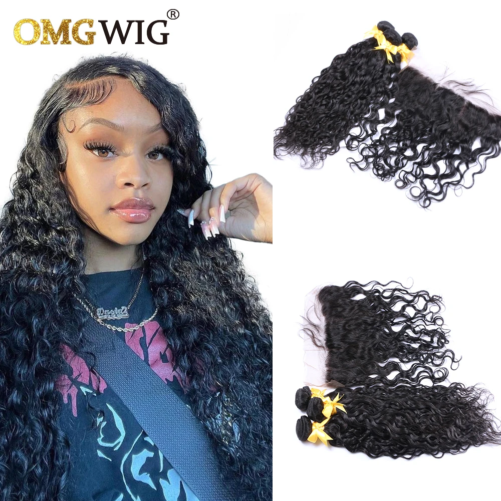 Natural Color Hair Bundles With 13x4 Base Closures Water Wave Brazilian Human Hair Free Part Bleached Knots Transparent Lace