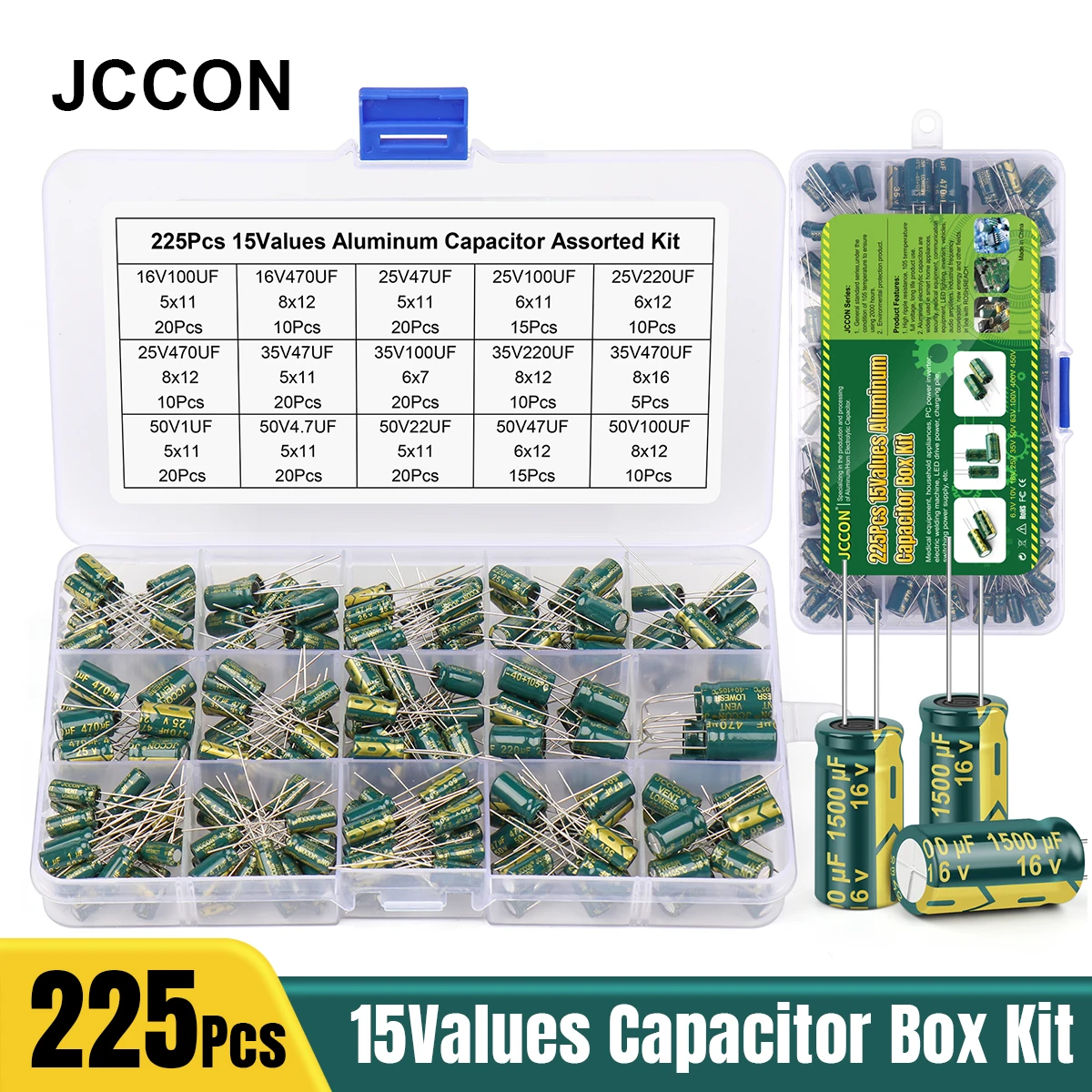 225Pcs/Box Capacitor Kit JCCON Aluminum Electrolytic Capacitors Set 15Values 16V-50V 1uF-470uF Assorted Kit Storage Low ESR 225pcs автомобильная шайба прокладка ассортимент резиновое кольцо o18 размеры