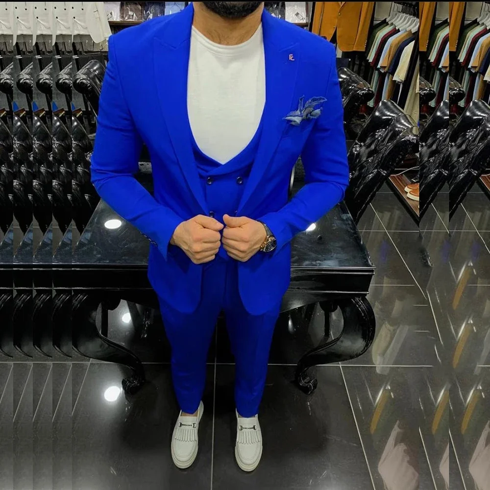 

2024 Leisure Solid Color Royal Blue Casual Men's Suits Prom Party Costume Homme Slim Fit 3 Piece Jacket Pants Vest Traje Hombre