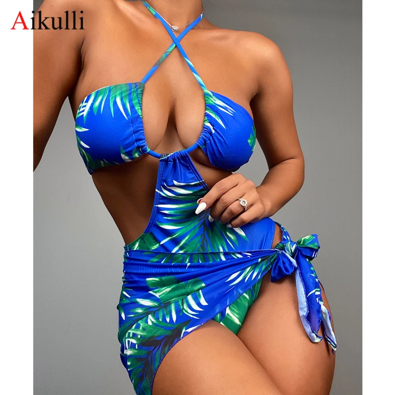 

Print One Piece Swimsuits Women Neck Hollow Out Swimwear 2022 New Woman Monokin Bodysuit Beachwear Summer Bathing Suits Swimming