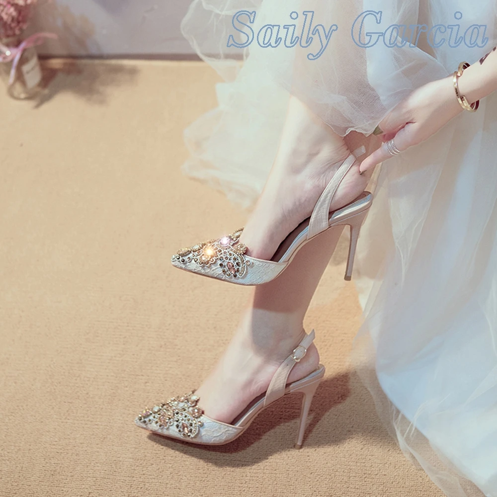 

Rhinestone Back Strap Wedding Pumps Women Spring New Main Gauze Photo Crystal Stiletto Light Color High-heeled Bridesmaid Shoes