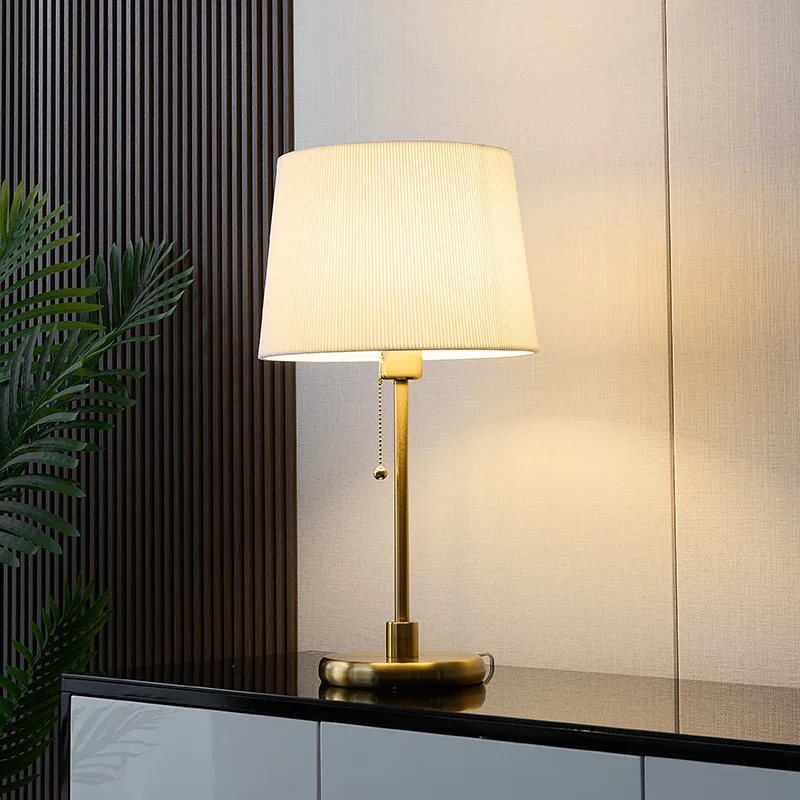 Modern-Table-Lamp-Bedside-With-Pull-Chain-Elegant-Fabric-Shade-Gold ...