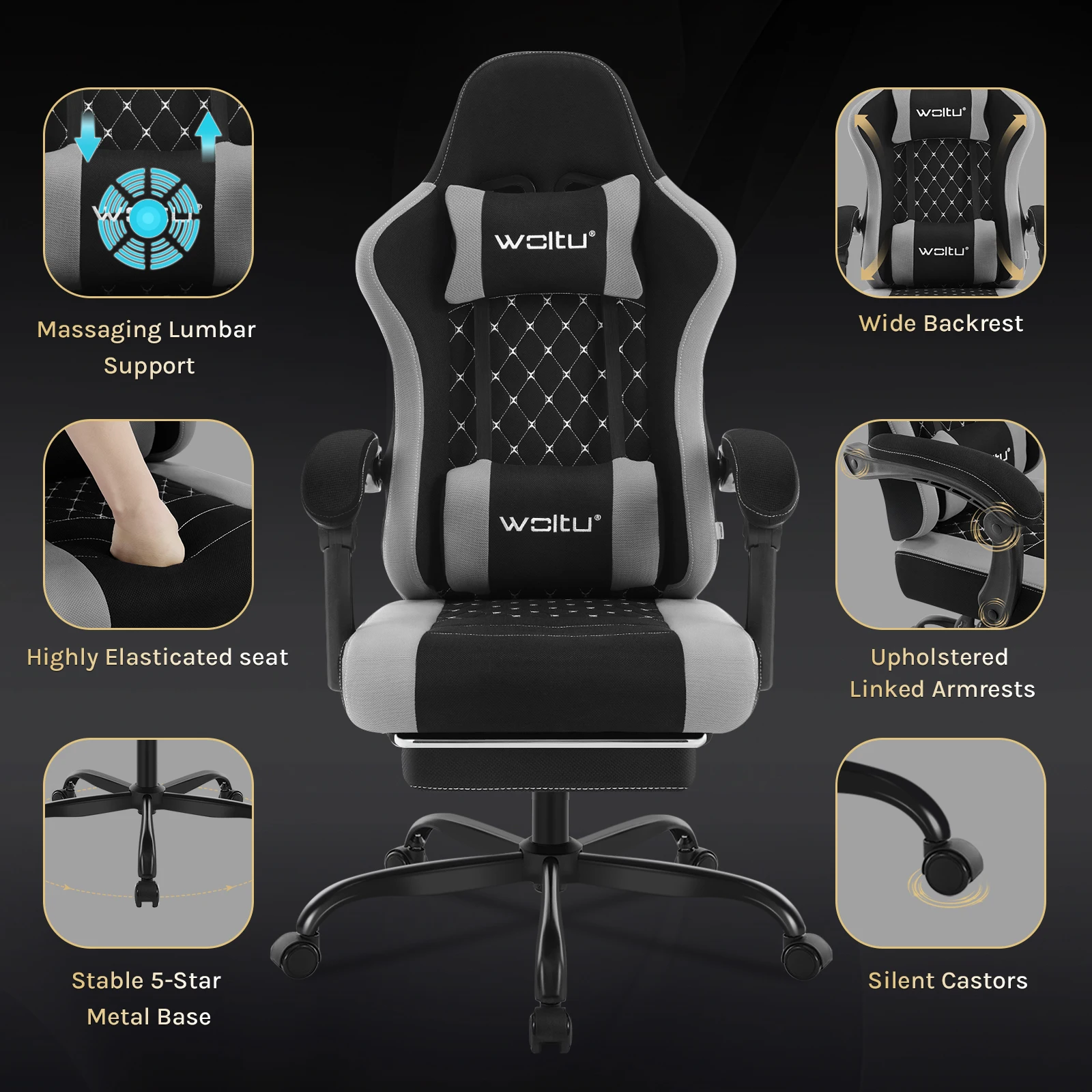 WOLTU Gaming-Stuhl, ergonomisch, drehbar, für Computer, Gamer, Massage, Bürostuhl mit Kissen, Fußstütze, verstellbare Kopfstütze, Lordosenstütze – Detail 16