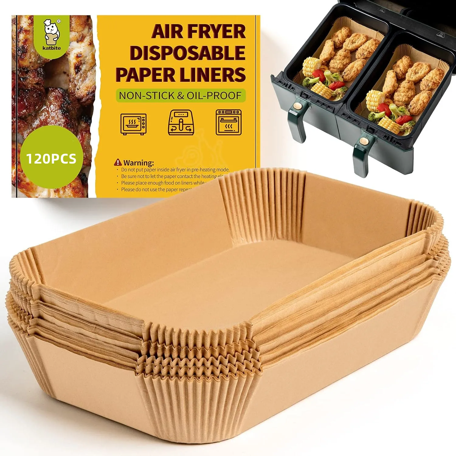 120pcsRectangleAirFryerLinersWaterproofOilproofNonStickBaking