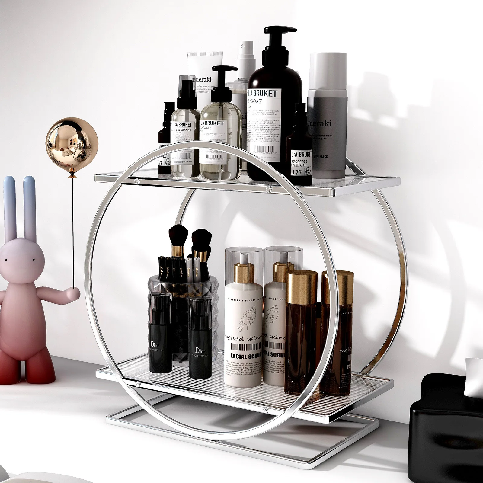 1pc Makeup Organizer Cosmetics Storage Holder Household Skin Care Products Dresser Bathroom Desktop Large Capacity Storage Shelf 2