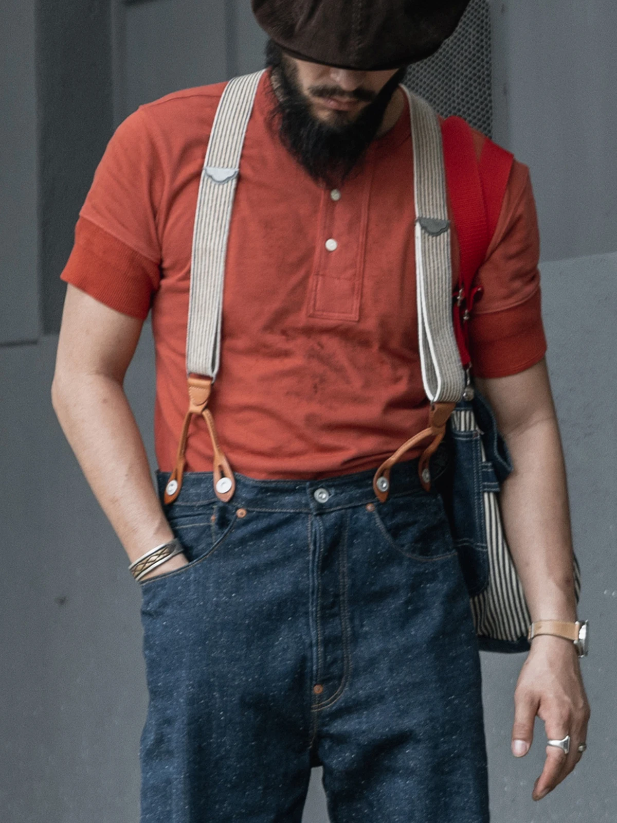 Red Bronson American Retro Henry Collar Base irt ort Sve T-irt Pure Cotton Khaki f Sve Tee Youth Casual Wear