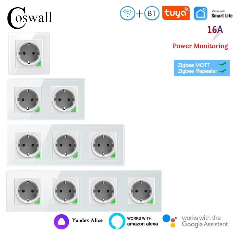 Coswall-tomada Inteligente Tuya com Monitoramento de Eletricidade Painel de Vidro Tomada eu Preto Branco Wifi Yandex Alice Smartthings