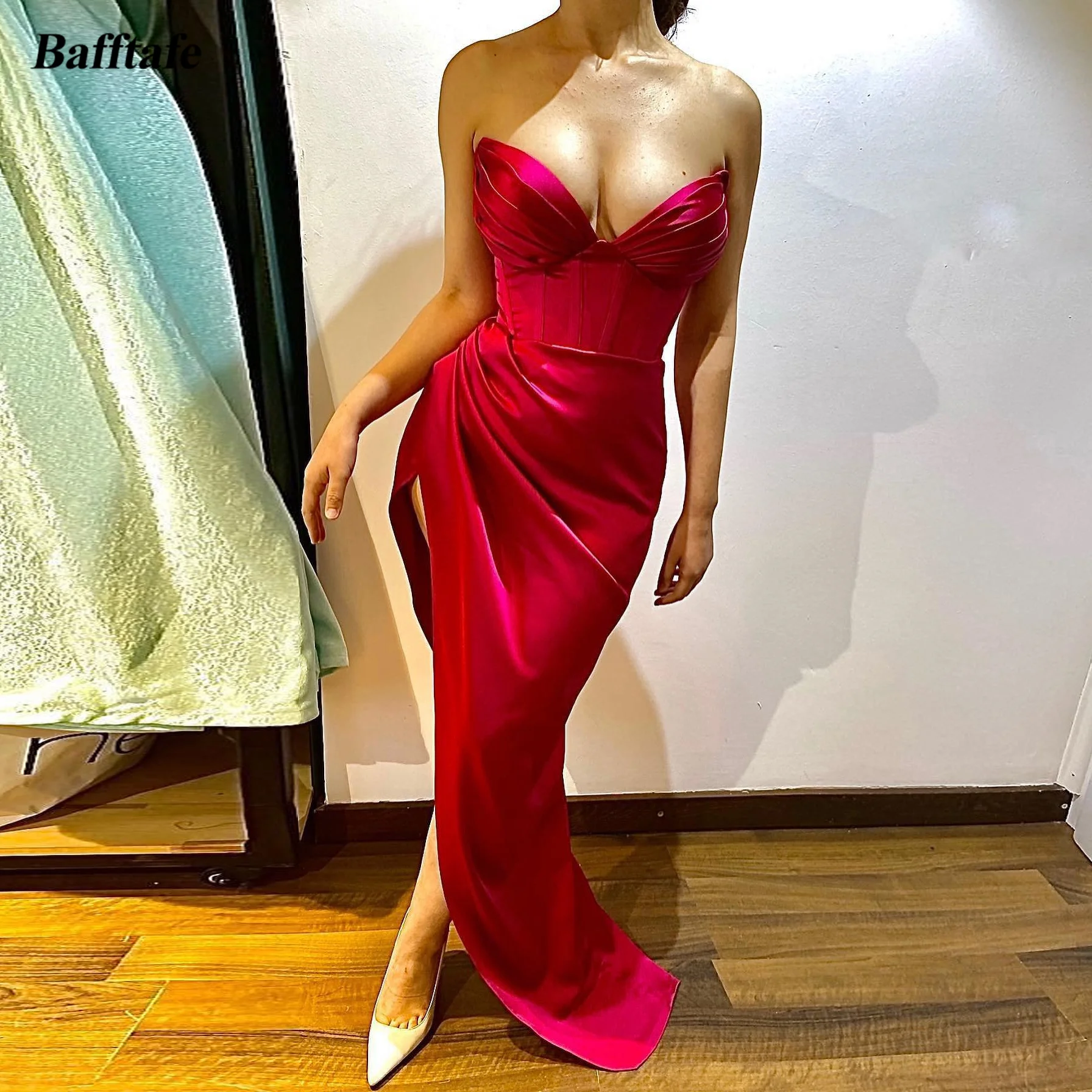 

Bafftafe Sexy Mermaid Long Evening Dresses V-neck Fitted Bones Strapless High Split Satin Women Party Dress Special Prom Gowns