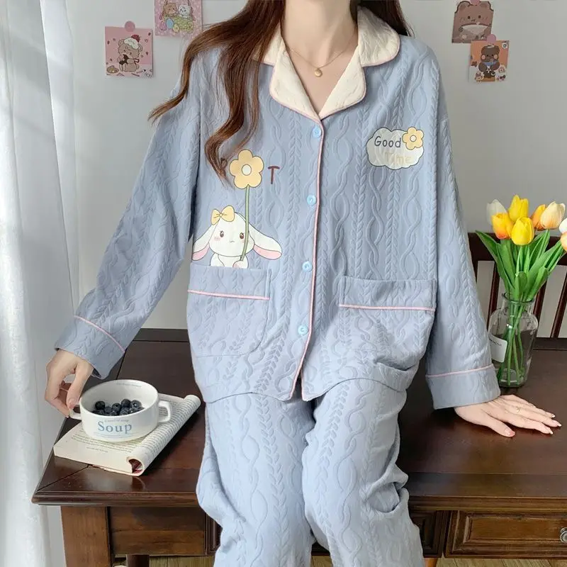 цена 2024 New 100% Cotton Pajamas Women Spring Autumn Lapel Long Sleeve Cartoon Homewear Suit Casual Loose Female Nightclothes Sets