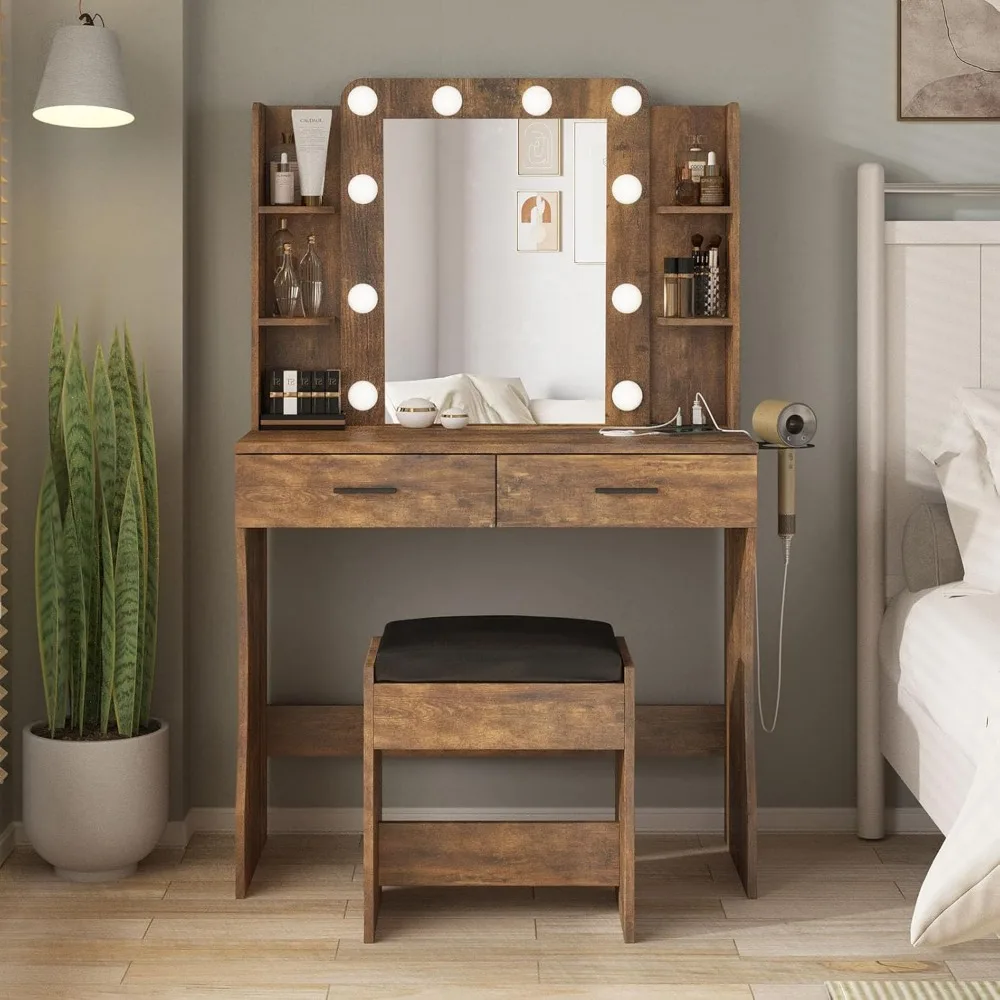 Vanity Desk with Lights,Makeup Vanity with Power Strip,Dressing Table Set with 2 Large Drawers,Vanity Mirror 3 Lighting Color Ad 3