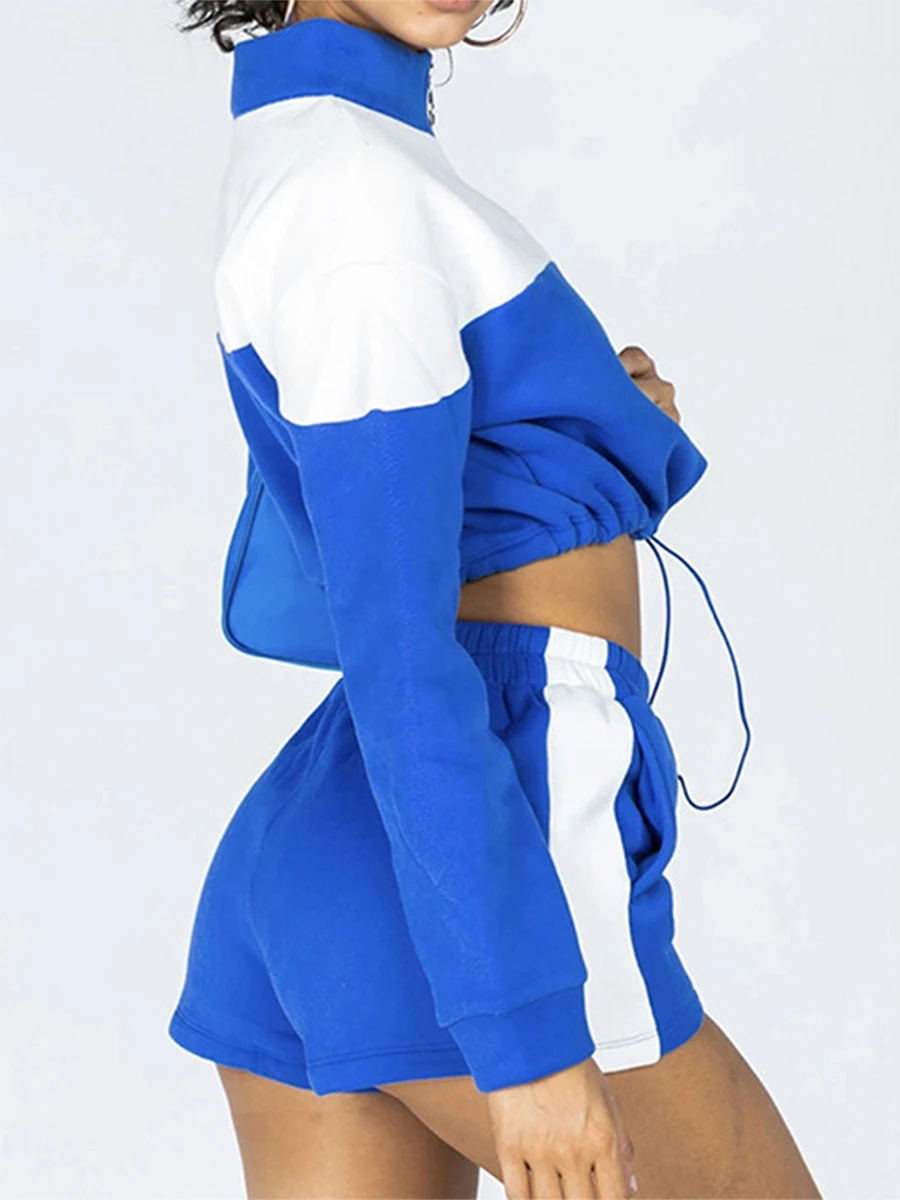 

Women Shorts Set Long Sleeve Stand Collar Zipped Sweatshirt with Shorts Contrast Color Activewear Fall Outfit