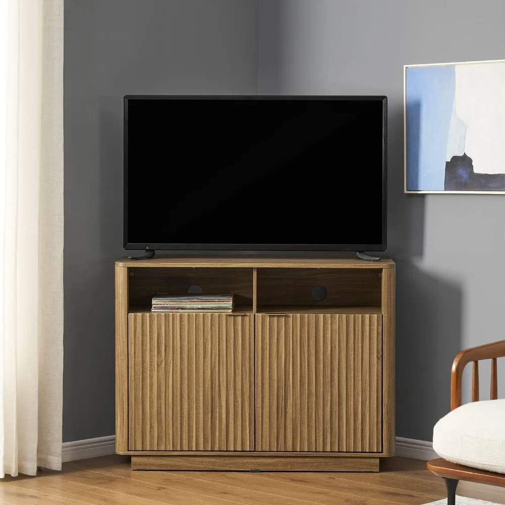 

mopio Brooklyn Mid-Century Modern TV Stand, for TVs up to 50” Waveform Panel, Sleek Curved Profile with Adjustable Shelf