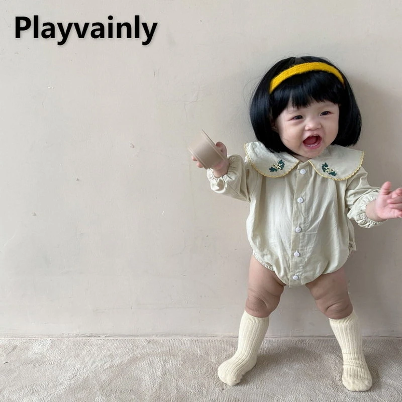 Autumn Baby Girl Bodysuit Embroidered Lapel Long Sleeves Jumpsuit