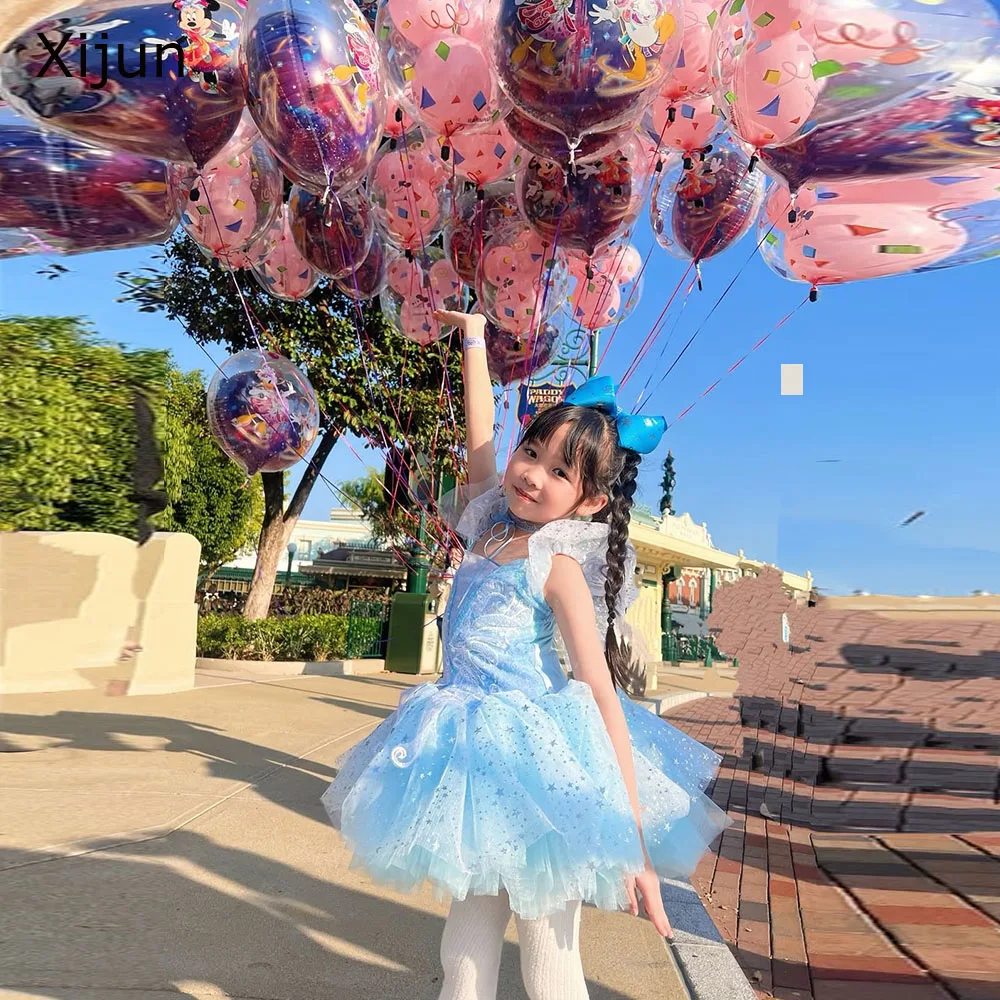 فساتين زهور زرقاء لامعة من Xijun بأكمام متموجة ونجوم لطيفة لحفلات أعياد الميلاد للأطفال، فساتين حفلات الأميرات مخصصة
