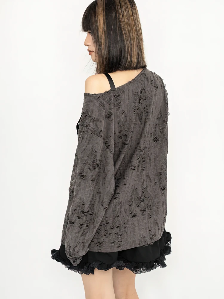 Y2k Long sleeve T shirt Women Off shoulder Oversize Tops Female Spring Autumn Vintage Holes Basic Tees Streetwear Chic view 6