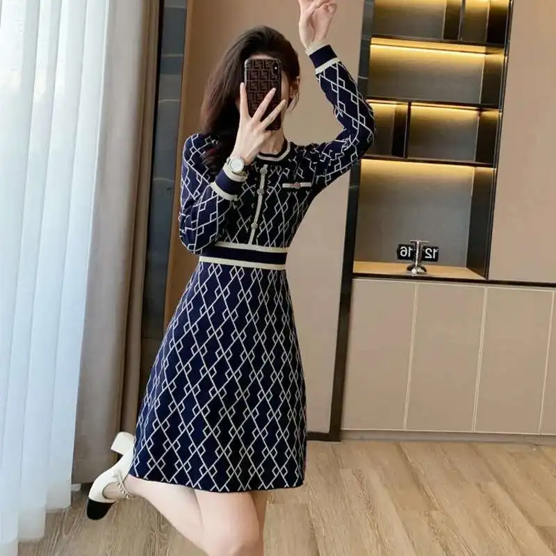 0920 Spring Autumn Blue Plaid Sweater Dress Women O-neck