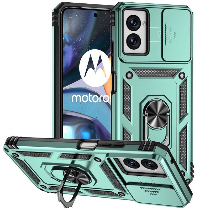 Shockproof Armor Phone Case with Magnetic Ring Holder and Slide Lens Protector