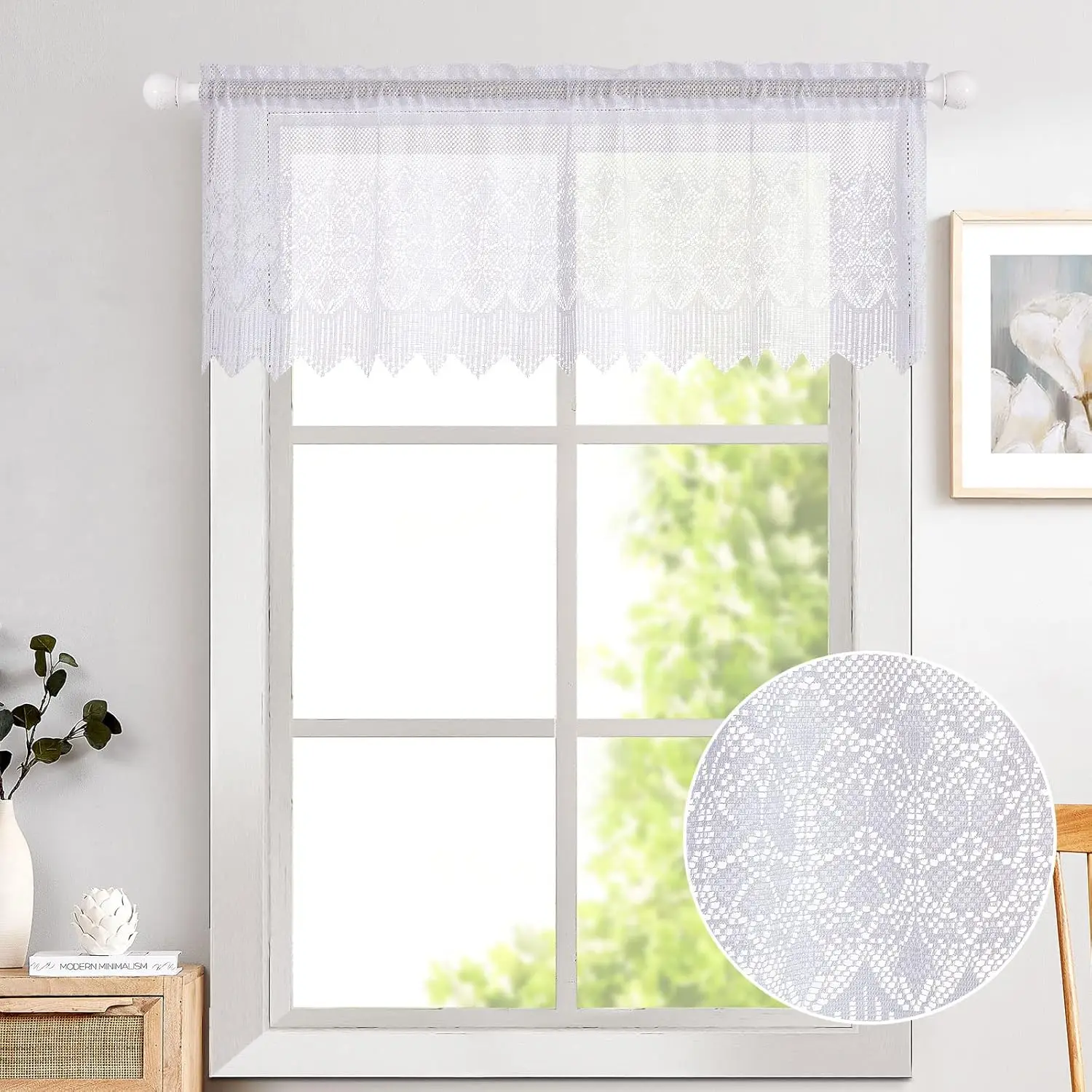 1Panel White Lace Kitchen Valance Sheer Curtains for Living Room Leaf Light Filtering Rod Pocket Rustic Sheer Valance JINCHAN window curtains tie valance curtain