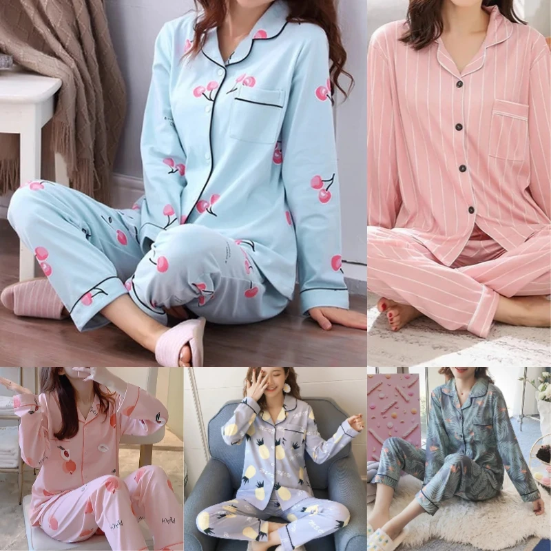 Cotton Pajama Set 2PCS/Set Maternity Pyjamas Spring Autumn Pregnant Women Long-Sleeved Homewear Cherry Printed Lapel Loungewear Nursing