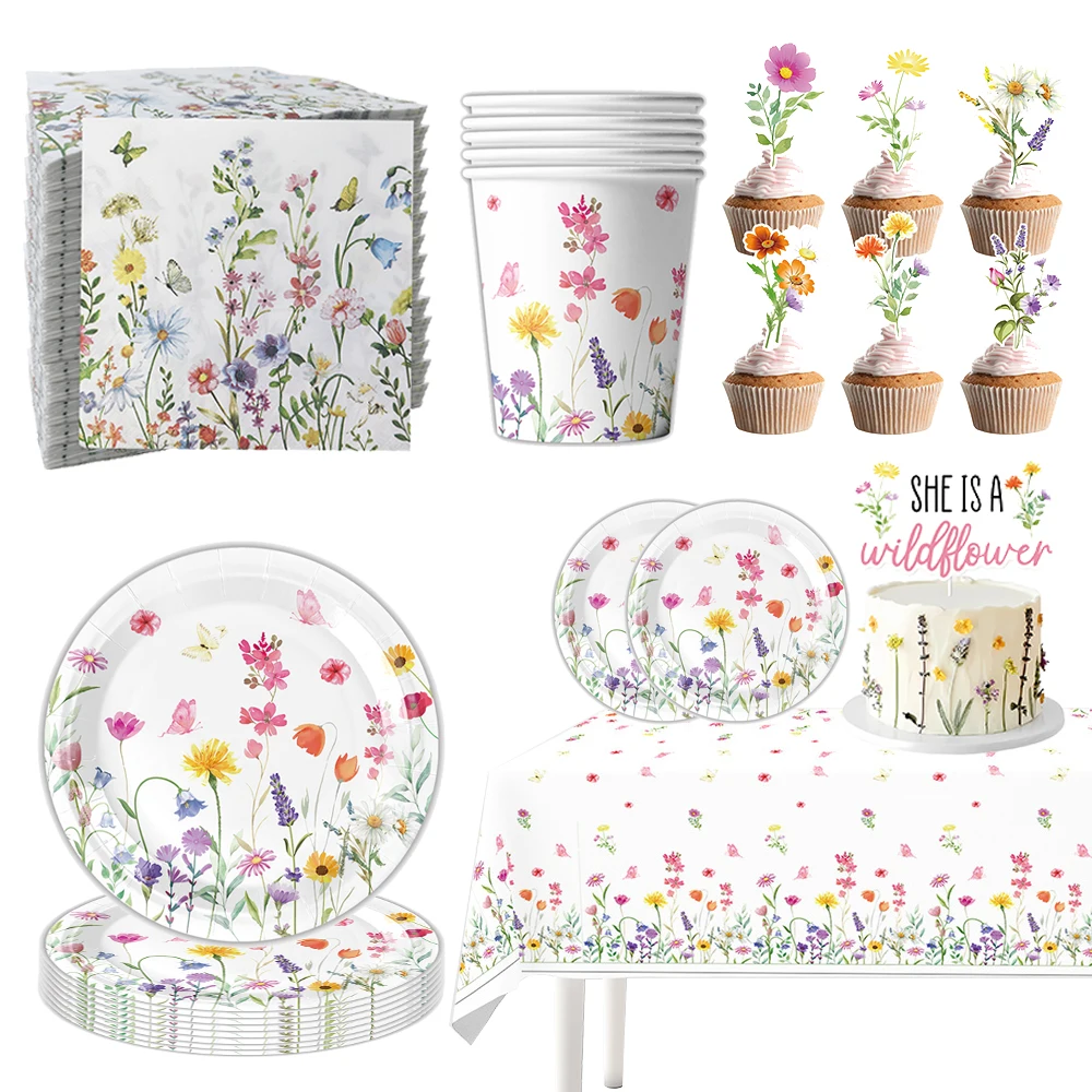 Spring Wildflower Tableware Girl Birthday Table Decorations Paper Plate Cup Napkin Cake Decor Butterfly Floral Baby Shower Party