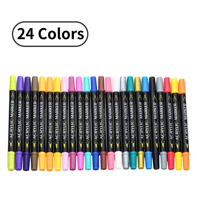 24 Colors Dual Tip Acrylic Paint Pens Markers, Brush Tip Paint Markers for  Wo