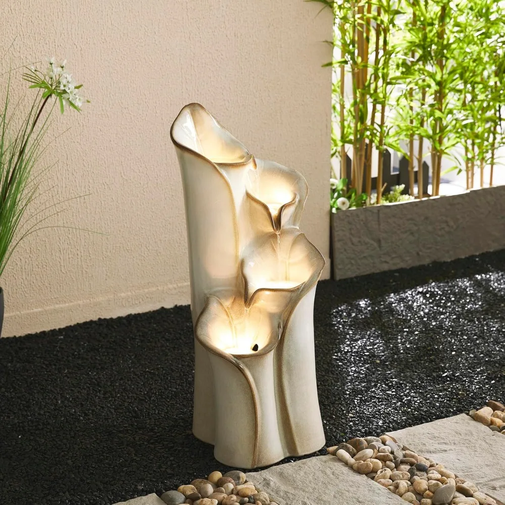 31.25 "H4 Layer Waterfall Fountain with LED Lights and Water Pump, Garden Backyard, Ceramic Floor Lotus Leaf Texture Fountain 6