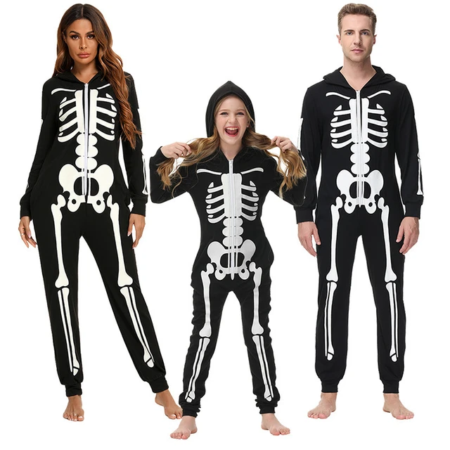 Fantasia de Halloween para adultos combinando a família, pijama de  esqueleto com capuz e zíper, pijama feminino G