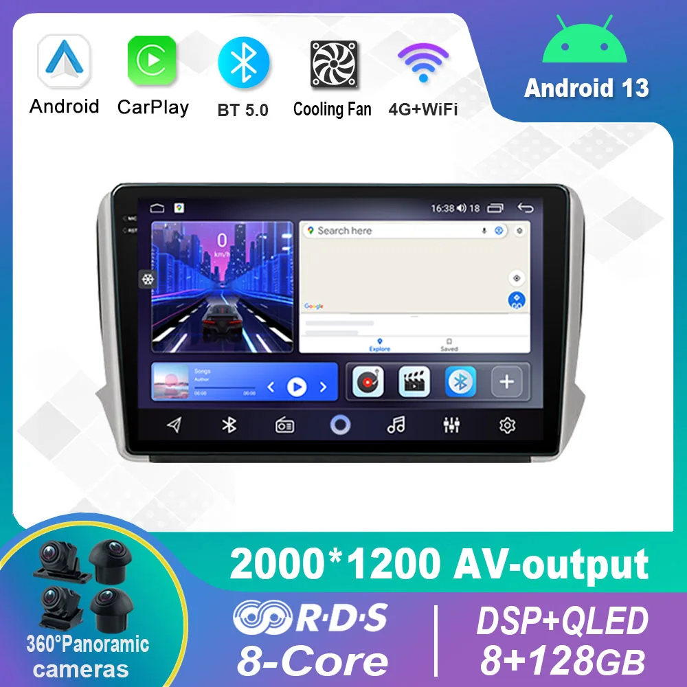 Autoradio Stereo Con Schermo Multimediale Android 13.0 Per Peugeot 2008 Serie 208 2012-2018 Navigazione Gps Carplay