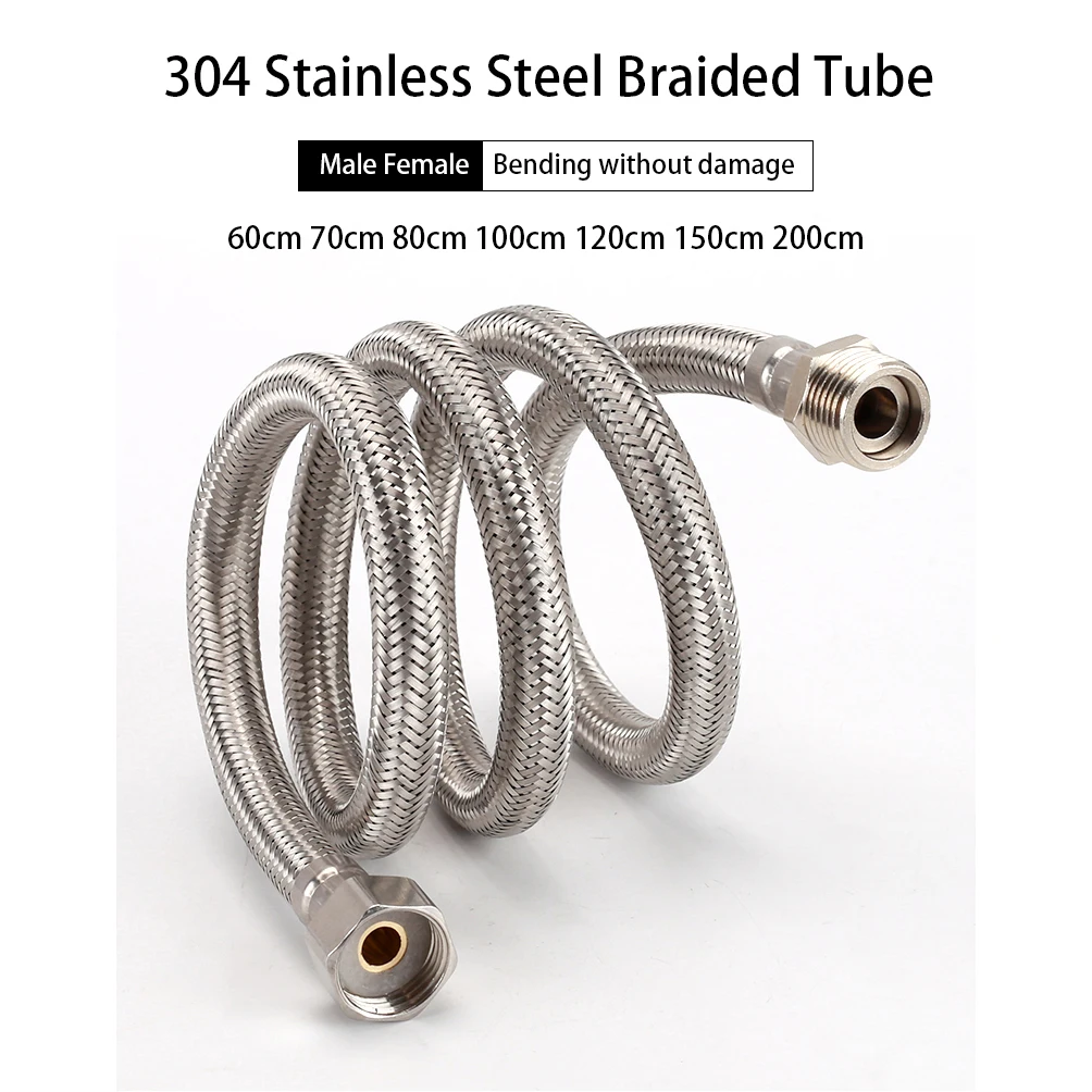

60-200cm 304 Stainless Steel Braided Tube 1/2" Male Female Thread Connector for Basin Faucet Kitchen Sink Toilet Water Heater