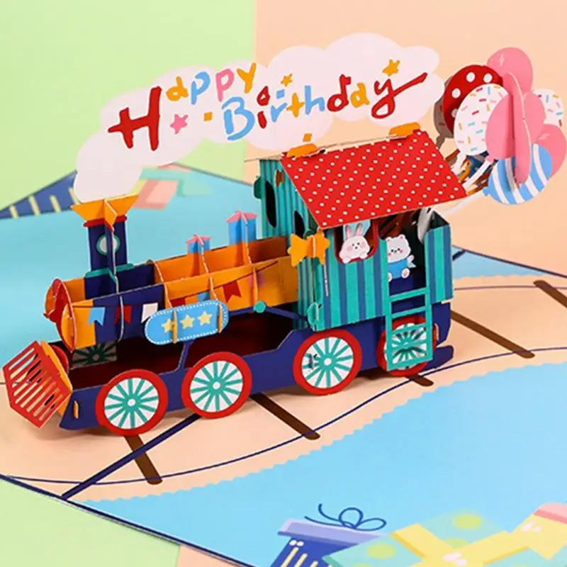 W3JA 3D Train Pop-Up Greeting Cards for Birthday New Year Postcards with Envelope