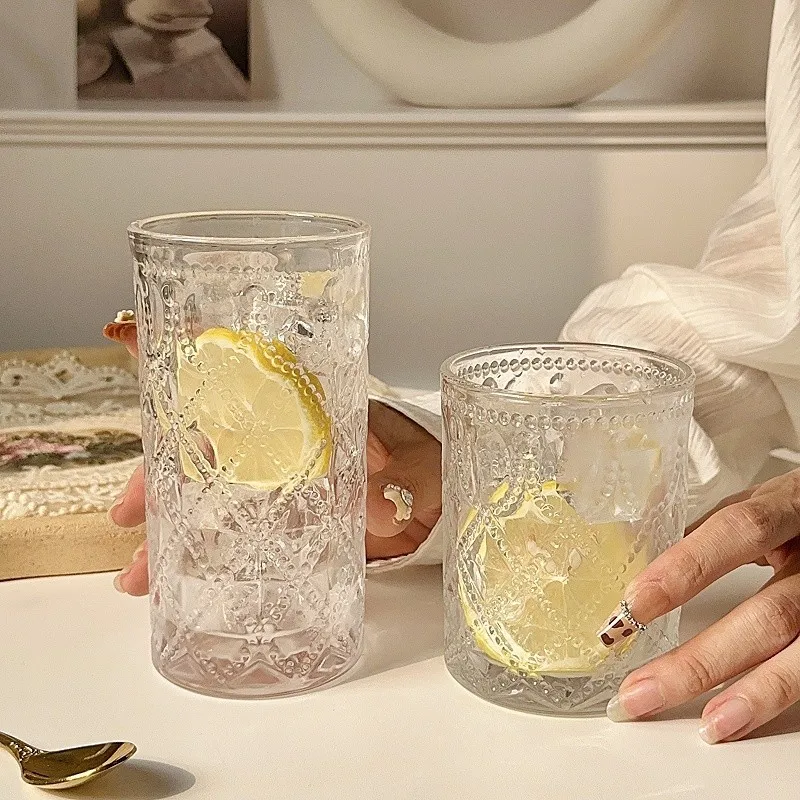 Cocktail Cup Nordic Style Retro Relief Glass Cup Simplicity Restaurant Bar Water Bottle for Milk Tea Juice Wine Glass Drinkware
