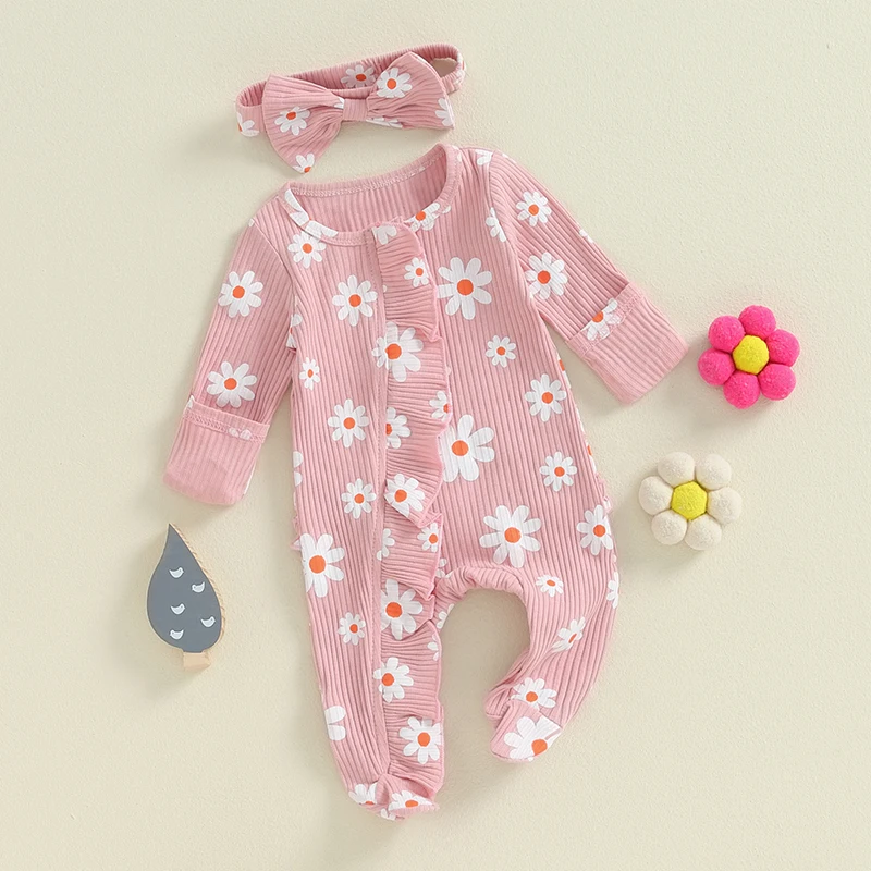 Newborn Baby Girl Footies Ribbed knit Romper Daisy Print Long Sleeve Zip Up Ruffle Jumpsuit Bodysuit Fall Clothes