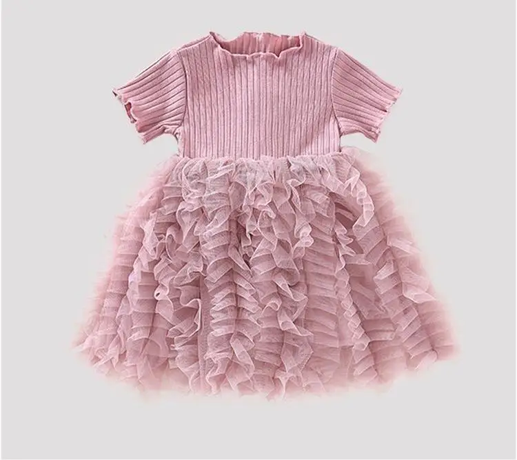 Girls Princess Dress Summer Short Sleeve Fluffy Stitching Clothes Baby Children Pink Lace Dresses Party And Evening Dress Casual little girl skirt dress