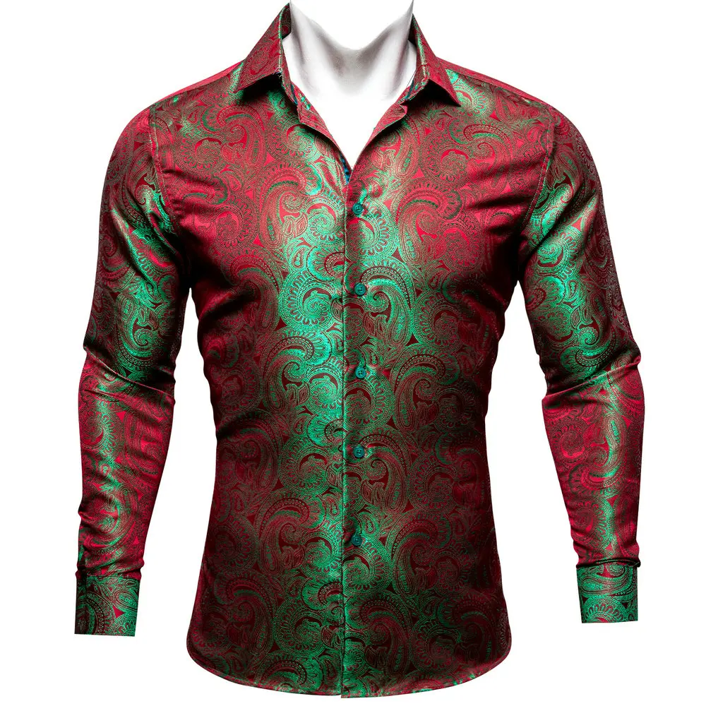 

Exquisite Long Sleeve Men Shirt Luxury Brand Red And Green Lapel Woven Paisley Shirt Casual Fit Party Designer Barry.Wang CY-628