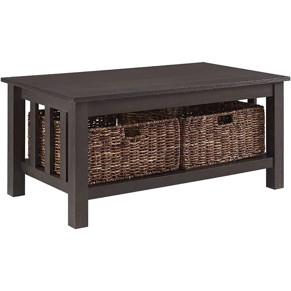 

Walker Edison Alayna Mission Style Two Tier Coffee Table with Rattan Storage Baskets, 40 Inch, Espresso