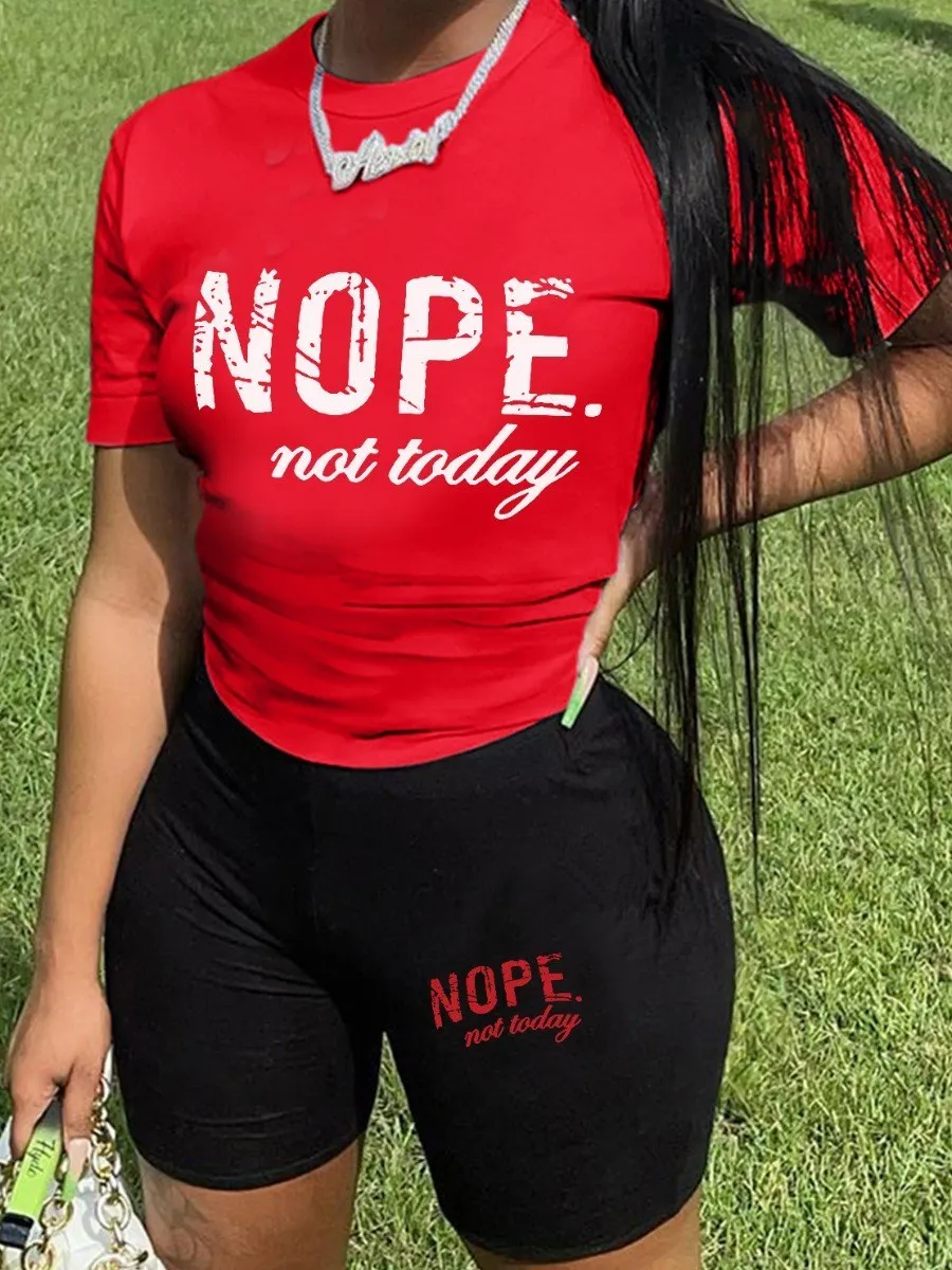 LW Print Multicolor Stretchy Two-piece Nope Not Today Short Sleeve Crew Neck Pullover T-shirt&Casual Matching Bottoms 2PCs
